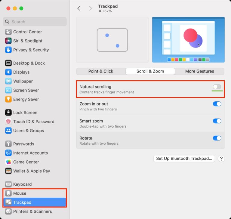 Natural scrolling instellen in macOS Systeeminstellingen